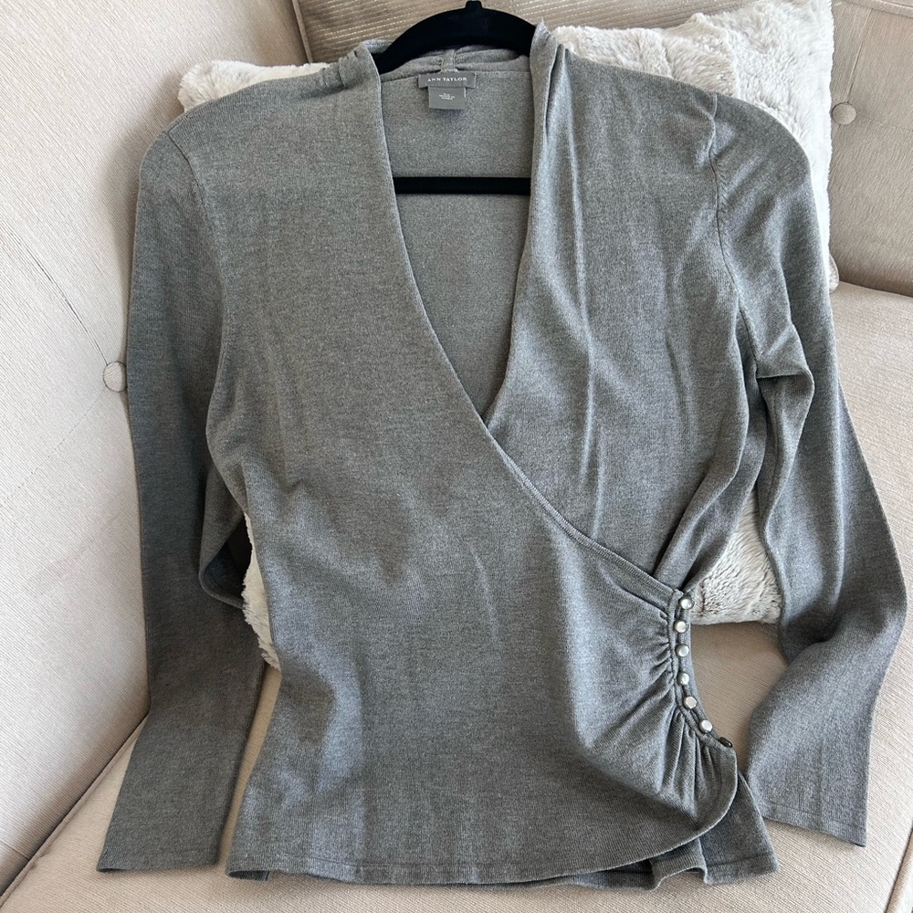 Ann Taylor Gray Wrap Blouse with Button Detail